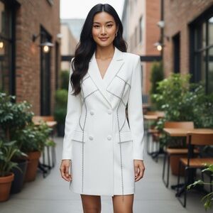 Valiant Rhinestone Embellished Double Breasted Long White Blazer Dress